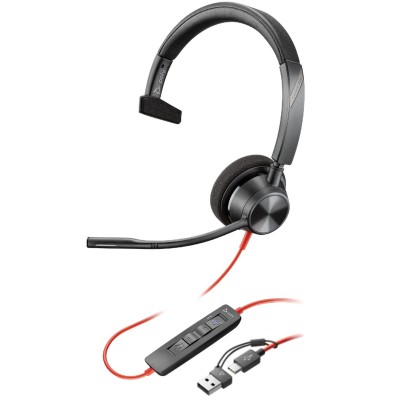 Гарнітура комп'ютерна моно On-ear Poly Blackwire 3310-M, USB-A, USB-C, всеспрямований, Microsoft Teams, чорний Гарнітура комп'ютерна моно On-ear Poly Blackwire 3310-M, USB-A, USB-C, всеспрямований, Microsoft Teams, чорний
