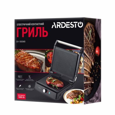 Гриль Ardesto прижимний 1800Вт, розкриття на 180°, чорно-сріблястий (GH-1800MB) Гриль Ardesto прижимний 1800Вт, розкриття на 180°, чорно-сріблястий (GH-1800MB)