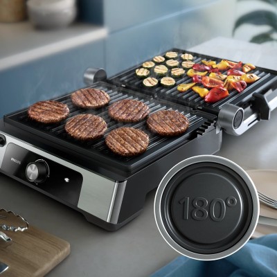 Гриль Philips прижимний Series 5000, 2200Вт, з`ємні пластини, розкриття на 180°, метал (HD6301/90) Гриль Philips прижимний Series 5000, 2200Вт, з`ємні пластини, розкриття на 180°, метал (HD6301/90)