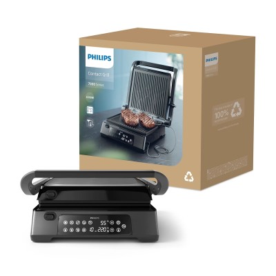 Гриль Philips прижимний Series 7000, 2200Вт, з`ємні пластини,термощуп, розкриття на 180°, метал, чорний (HD6307/70) Гриль Philips прижимний Series 7000, 2200Вт, з`ємні пластини,термощуп, розкриття на 180°, метал, чорний (HD6307/70)