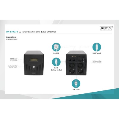 Джерело безперебійного живлення DIGITUS 1000VA/600W, LCD, RJ45, RS232, USB, 4xSchuko (DN-170074) Джерело безперебійного живлення DIGITUS 1000VA/600W, LCD, RJ45, RS232, USB, 4xSchuko (DN-170074)