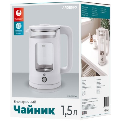 Електрочайник Ardesto 1.5л, скло+пластик, білий (EKL-T31GW) Електрочайник Ardesto 1.5л, скло+пластик, білий (EKL-T31GW)