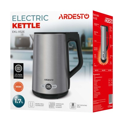 Електрочайник Ardesto Steel Collection 1.7л, Strix, LED дисплей, подвійні стінки, сріблястий (EKL-X52E) Електрочайник Ardesto Steel Collection 1.7л, Strix, LED дисплей, подвійні стінки, сріблястий (EKL-X52E)