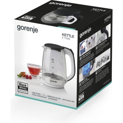 Електрочайник Gorenje 1.7л, 2,200 Вт, strix контроль, скло, білий (K17GXG)