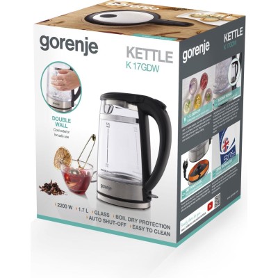 Електрочайник Gorenje 1.7л, 2,200 Вт, strix контроль, скло, чорний (K17GDW) Електрочайник Gorenje 1.7л, 2,200 Вт, strix контроль, скло, чорний (K17GDW)
