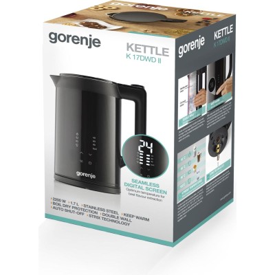Електрочайник Gorenje 1.7л, подвійні стінки, LED дисплей, Strix контроль, чорний (K17DWDII) Електрочайник Gorenje 1.7л, подвійні стінки, LED дисплей, Strix контроль, чорний (K17DWDII)