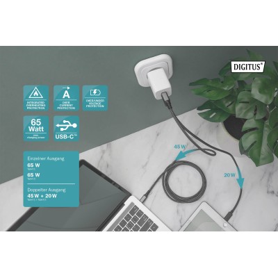 Зарядний пристрій DIGITUS 2хUSB-C, 65W, GaN Зарядний пристрій DIGITUS 2хUSB-C, 65W, GaN