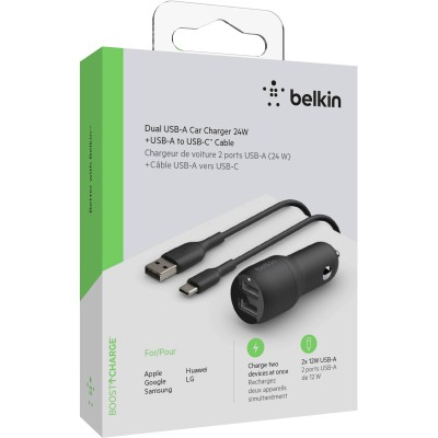 Зарядний пристрій автомобільний Belkin 24Вт 2хUSB-A, кабель USB-A > USB-C, 1м, чорний (CCE001BT1MBK) Зарядний пристрій автомобільний Belkin 24Вт 2хUSB-A, кабель USB-A > USB-C, 1м, чорний (CCE001BT1MBK)