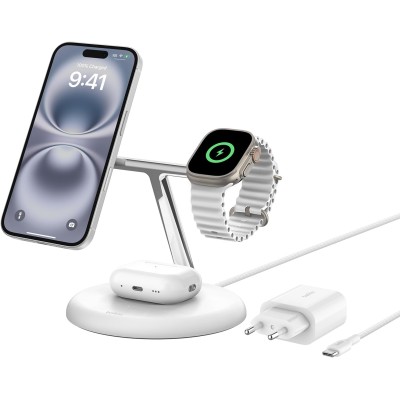 Зарядний пристрій бездротовий Belkin 3в1 Magnetic Adjustable Pad Qi2 15Вт, білий (WIZ023VFWH) Зарядний пристрій бездротовий Belkin 3в1 Magnetic Adjustable Pad Qi2 15Вт, білий (WIZ023VFWH)