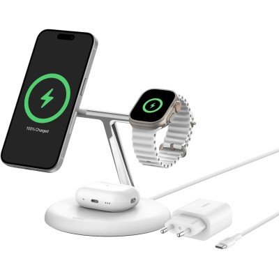 Зарядний пристрій бездротовий Belkin 3в1 Magnetic Adjustable Pad Qi2 15Вт, білий (WIZ023VFWH) Зарядний пристрій бездротовий Belkin 3в1 Magnetic Adjustable Pad Qi2 15Вт, білий (WIZ023VFWH)