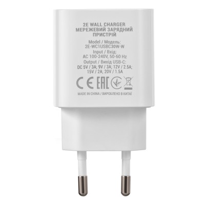 Зарядний пристрій мережевий 2E 30Вт USB-C PD, білий (2E-WC1USBC30W-W) Зарядний пристрій мережевий 2E 30Вт USB-C PD, білий (2E-WC1USBC30W-W)