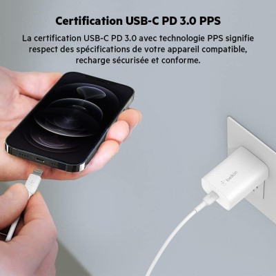 Зарядний пристрій мережевий Belkin 25Вт USB-С PD PPS, кабель USB-С > Lightning, 1м, PVC, білий (WCA004VF1MWH-B5) Зарядний пристрій мережевий Belkin 25Вт USB-С PD PPS, кабель USB-С > Lightning, 1м, PVC, білий (WCA004VF1MWH-B5)