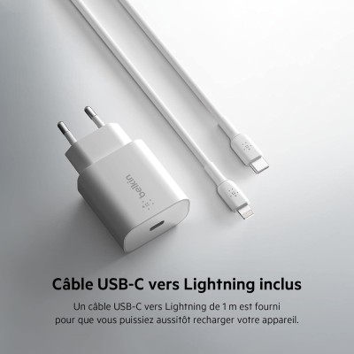 Зарядний пристрій мережевий Belkin 25Вт USB-С PD PPS, кабель USB-С > Lightning, 1м, PVC, білий (WCA004VF1MWH-B5) Зарядний пристрій мережевий Belkin 25Вт USB-С PD PPS, кабель USB-С > Lightning, 1м, PVC, білий (WCA004VF1MWH-B5)