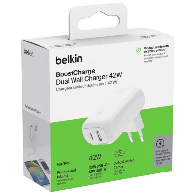 Зарядний пристрій мережевий Belkin 42Вт USB-C PD PPS 30Вт, USB-A 12Вт, білий (WCB009VFWH) Зарядний пристрій мережевий Belkin 42Вт USB-C PD PPS 30Вт, USB-A 12Вт, білий (WCB009VFWH)