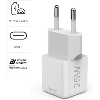 Зарядний пристрій мережевий Hama 25Вт USB-С, PD, білий Зарядний пристрій мережевий Hama 25Вт USB-С, PD, білий