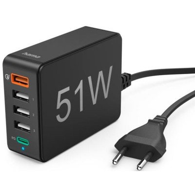 Зарядний пристрій мережевий Hama 51Вт 4хUSB-А/1хUSB-С, PD/QC, чорний