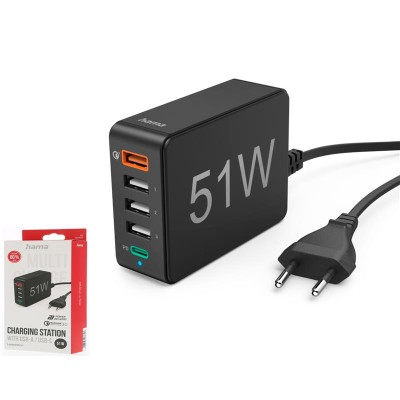 Зарядний пристрій мережевий Hama 51Вт 4хUSB-А/1хUSB-С, PD/QC, чорний