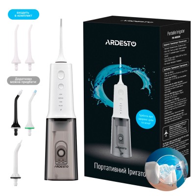 Іригатор Ardesto портативний, чаша 320 мл, Li-ion акум. в компл., 2 насадки, білий (POI-MD300W) Іригатор Ardesto портативний, чаша 320 мл, Li-ion акум. в компл., 2 насадки, білий (POI-MD300W)