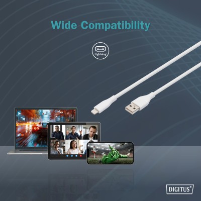 Кабель DIGITUS USB-A > Lightning заряджання/синхронізації, USB 2.0, 12W, силіконовий, 2м, білий (AK-600108-020-W) Кабель DIGITUS USB-A > Lightning заряджання/синхронізації, USB 2.0, 12W, силіконовий, 2м, білий (AK-600108-020-W)