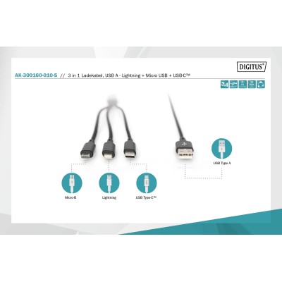Кабель DIGITUS USB-A > Lightning/USB-С/micro USB, мультизарядний 3-в-1, заряджання/синхронізація 1м, чорний (AK-300160-010-S) Кабель DIGITUS USB-A > Lightning/USB-С/micro USB, мультизарядний 3-в-1, заряджання/синхронізація 1м, чорний (AK-300160-010-S)
