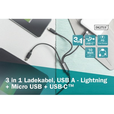 Кабель DIGITUS USB-A > Lightning/USB-С/micro USB, мультизарядний 3-в-1, заряджання/синхронізація 1м, чорний (AK-300160-010-S) Кабель DIGITUS USB-A > Lightning/USB-С/micro USB, мультизарядний 3-в-1, заряджання/синхронізація 1м, чорний (AK-300160-010-S)