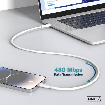 Кабель DIGITUS USB-C > Lightning заряджання/синхронізації, USB 2.0, 60W, силіконовий, 2м, білий (AK-600110-020-W) Кабель DIGITUS USB-C > Lightning заряджання/синхронізації, USB 2.0, 60W, силіконовий, 2м, білий (AK-600110-020-W)