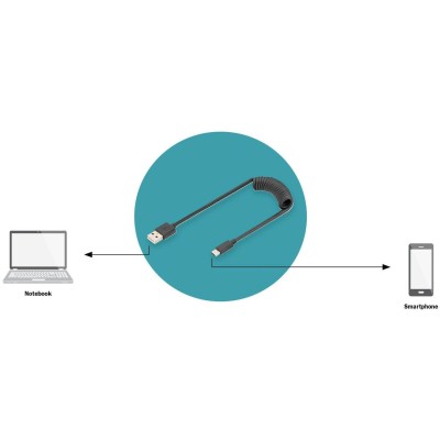 Кабель DIGITUS USB-C > USB-A заряджання/синхронізації, Type-C, спіральний, 1м, чорний (AK-300430-006-S)