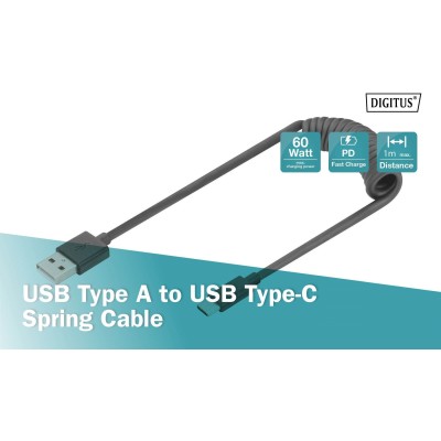Кабель DIGITUS USB-C > USB-A заряджання/синхронізації, Type-C, спіральний, 1м, чорний (AK-300430-006-S)
