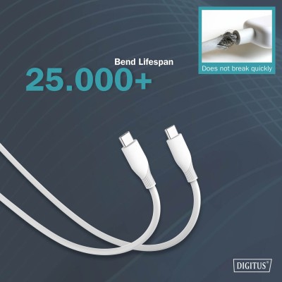 Кабель DIGITUS USB-C > USB-C заряджання/синхронізації, USB 2.0, 60W, силіконовий, 2м, білий (AK-300341-020-W)