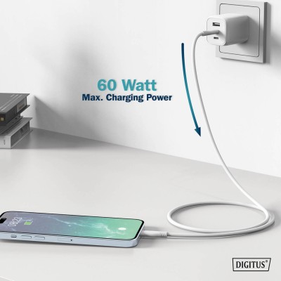 Кабель DIGITUS USB-C > USB-C заряджання/синхронізації, USB 2.0, 60W, силіконовий, 2м, білий (AK-300341-020-W)