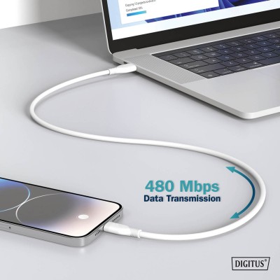 Кабель DIGITUS USB-C > USB-C заряджання/синхронізації, USB 2.0, 60W, силіконовий, 2м, білий (AK-300341-020-W)