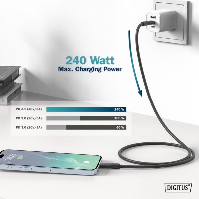 Кабель DIGITUS USB-C заряджання/синхронізації, USB 4.0 Gen 3, 40G, 240W, 8K, силіконовий, 1м, чорний (AK-300344-010-S) Кабель DIGITUS USB-C заряджання/синхронізації, USB 4.0 Gen 3, 40G, 240W, 8K, силіконовий, 1м, чорний (AK-300344-010-S)