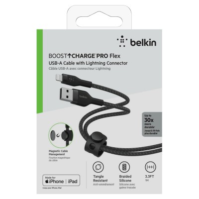 Кабель USB-A > Lightning заряджання/синхронізації Belkin 1м, плетений, силіконовий, з ремінцем на магніті, чорний (CAA010BT1MBK)