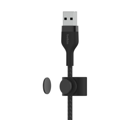 Кабель USB-A > Lightning заряджання/синхронізації Belkin 1м, плетений, силіконовий, з ремінцем на магніті, чорний (CAA010BT1MBK)
