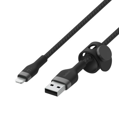 Кабель USB-A > Lightning заряджання/синхронізації Belkin 1м, плетений, силіконовий, з ремінцем на магніті, чорний (CAA010BT1MBK)