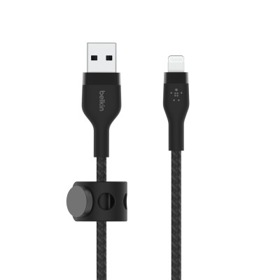 Кабель USB-A > Lightning заряджання/синхронізації Belkin 1м, плетений, силіконовий, з ремінцем на магніті, чорний (CAA010BT1MBK)