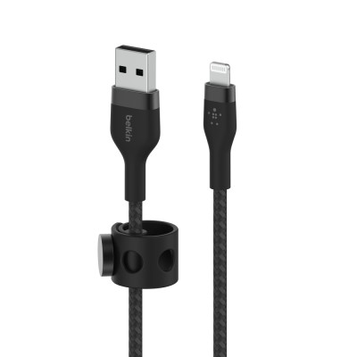 Кабель USB-A > Lightning заряджання/синхронізації Belkin 1м, плетений, силіконовий, з ремінцем на магніті, чорний (CAA010BT1MBK)