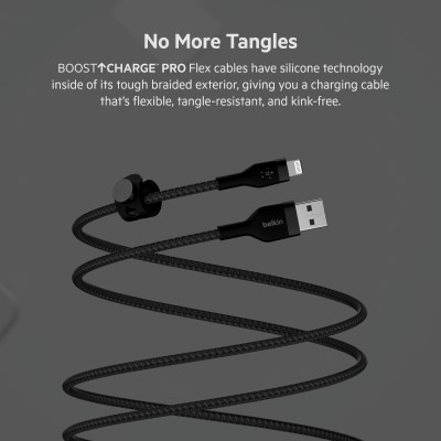 Кабель USB-A > Lightning заряджання/синхронізації Belkin 1м, плетений, силіконовий, з ремінцем на магніті, чорний (CAA010BT1MBK)
