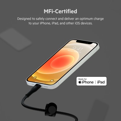 Кабель USB-A > Lightning заряджання/синхронізації Belkin 1м, плетений, силіконовий, з ремінцем на магніті, чорний (CAA010BT1MBK)