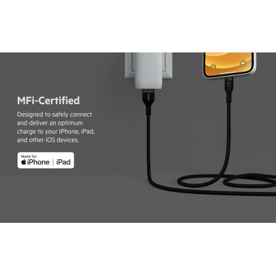 Кабель USB-A > Lightning заряджання/синхронізації Belkin 1м, плетений, силіконовий, з ремінцем на магніті, чорний (CAA010BT1MBK)