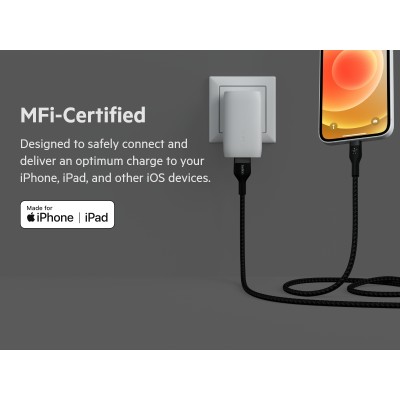 Кабель USB-A > Lightning заряджання/синхронізації Belkin 1м, плетений, силіконовий, з ремінцем на магніті, чорний (CAA010BT1MBK)