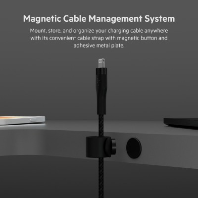 Кабель USB-A > Lightning заряджання/синхронізації Belkin 1м, плетений, силіконовий, з ремінцем на магніті, чорний (CAA010BT1MBK)