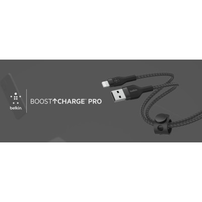 Кабель USB-A > Lightning заряджання/синхронізації Belkin 1м, плетений, силіконовий, з ремінцем на магніті, чорний (CAA010BT1MBK)