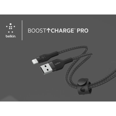 Кабель USB-A > Lightning заряджання/синхронізації Belkin 1м, плетений, силіконовий, з ремінцем на магніті, чорний (CAA010BT1MBK)