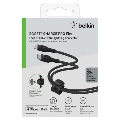 Кабель USB-C > Lightning заряджання/синхронізації Belkin 1м, Type-C, плетений, силіконовий, з ремінцем на магніті, чорний (CAA01