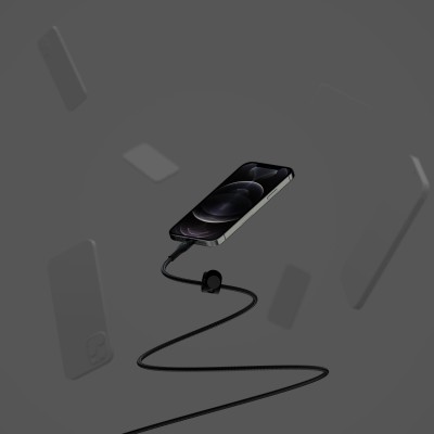 Кабель USB-C > Lightning заряджання/синхронізації Belkin 1м, Type-C, плетений, силіконовий, з ремінцем на магніті, чорний (CAA01