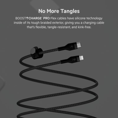 Кабель USB-C > Lightning заряджання/синхронізації Belkin 1м, Type-C, плетений, силіконовий, з ремінцем на магніті, чорний (CAA01