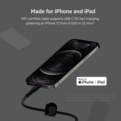 Кабель USB-C > Lightning заряджання/синхронізації Belkin 1м, Type-C, плетений, силіконовий, з ремінцем на магніті, чорний (CAA01