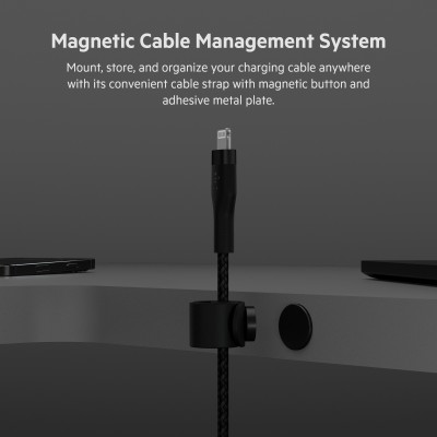 Кабель USB-C > Lightning заряджання/синхронізації Belkin 1м, Type-C, плетений, силіконовий, з ремінцем на магніті, чорний (CAA01