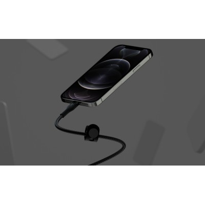 Кабель USB-C > Lightning заряджання/синхронізації Belkin 1м, Type-C, плетений, силіконовий, з ремінцем на магніті, чорний (CAA01